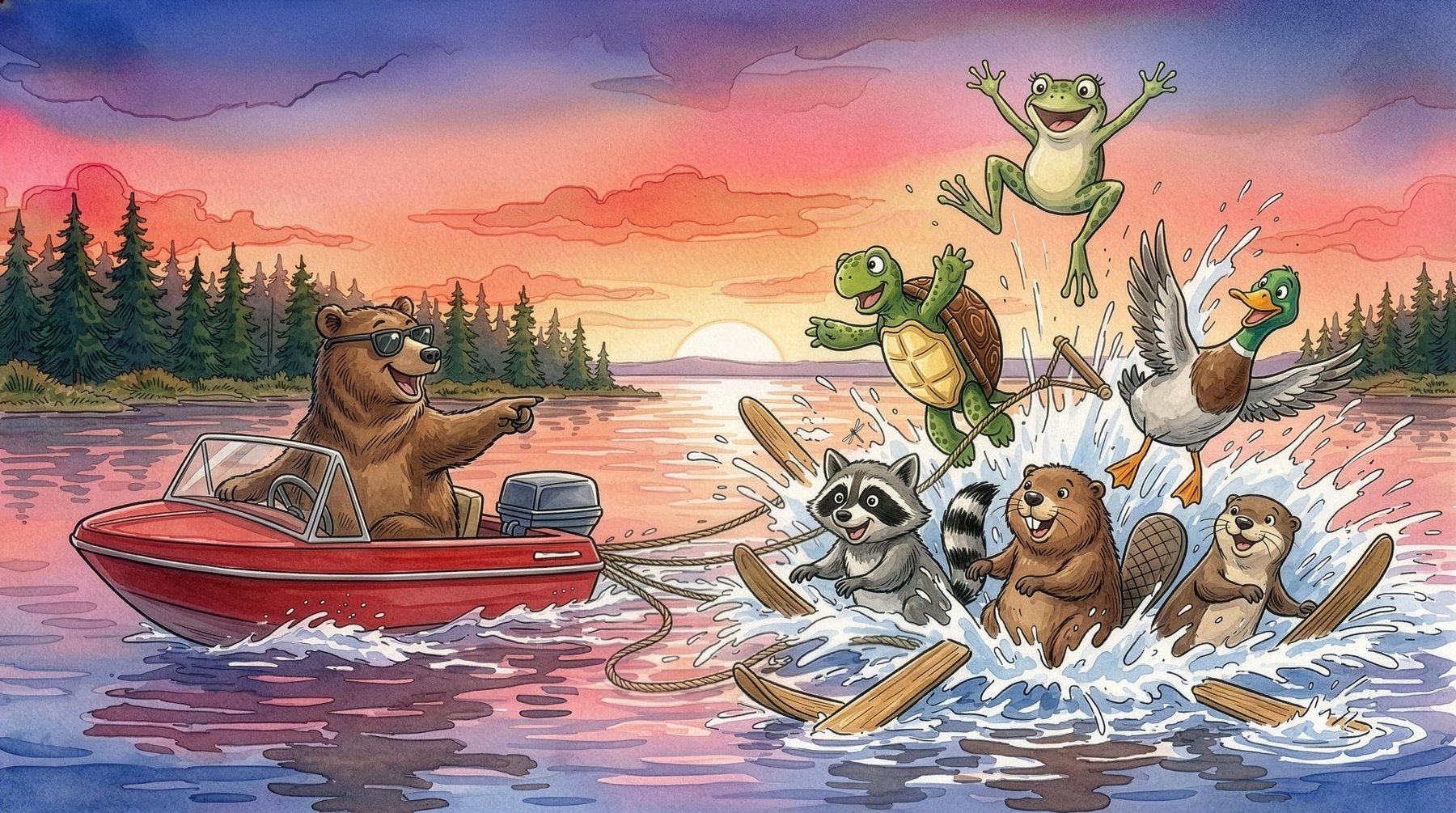 The crew splashing together